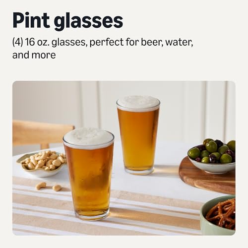 16 oz. Pint Glasses, Set of 4, Durable Clear Glass for Home Bar and Kitchen