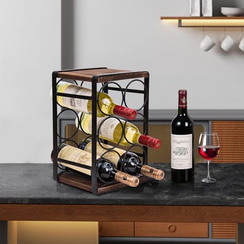 Brown Rustic Wood Countertop Wine Rack - Holds 6 Bottles, No Assembly Needed