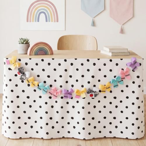 Polka Dot Desk Skirt Set with Rainbow Bow Garland, 6ft Classroom Table Decor