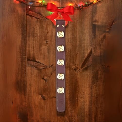 Leather Sleigh Bell Door Hanger with 5 Brass Bells for Holiday Decor