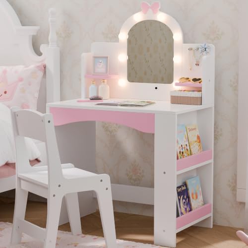 Kids Vanity Table and Chair Set with LED Mirror and Storage, White