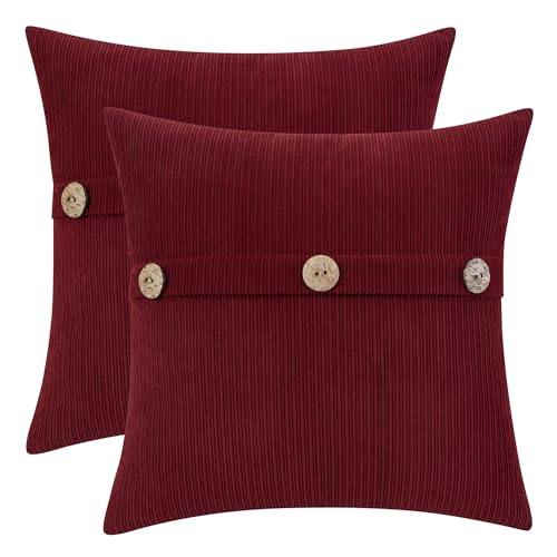 HWY 50 Burgundy Red 18x18 Inch Chenille Throw Pillow Covers (Pack of 2) with 3-Button Detail