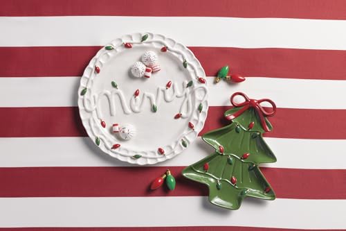 Mud Pie Christmas Tree & Round Platter Set - Festive Hand-Painted Stoneware