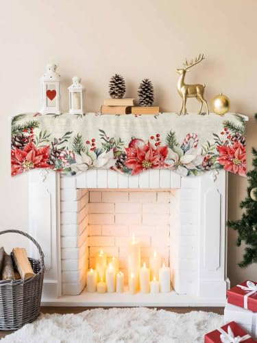 Dayforbarley Christmas Red Poinsettia Mantel Scarf 90x17 Inches with Beige, Green & Red Variation