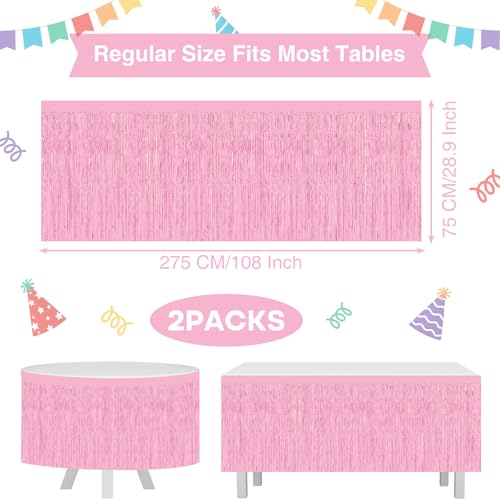 2-Pack Pink Foil Fringe Tinsel Table Skirt for Party Decorations 29.5x108in