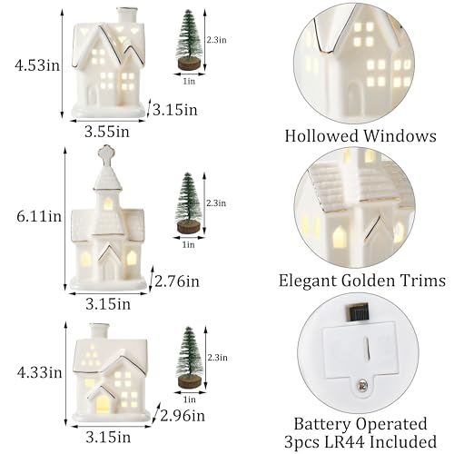 White Ceramic Light-Up Christmas Village Houses Set with Mini Trees