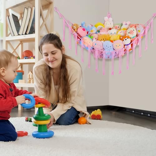 Stuffed Animal Hammock with LED Lights, Large Corner Toy Storage Net