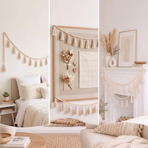 Boho Tassel Garland with Wood Beads - 9.8ft Macrame Wall Hanging Decor