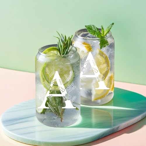 Personalized Monogram Glass Cup Gift Set with Lids, Straws & Floral Pattern - Gift Box Included