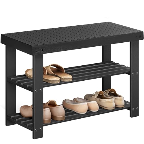 3-Tier Bamboo Shoe Rack Bench - Entryway Storage Organizer, Black