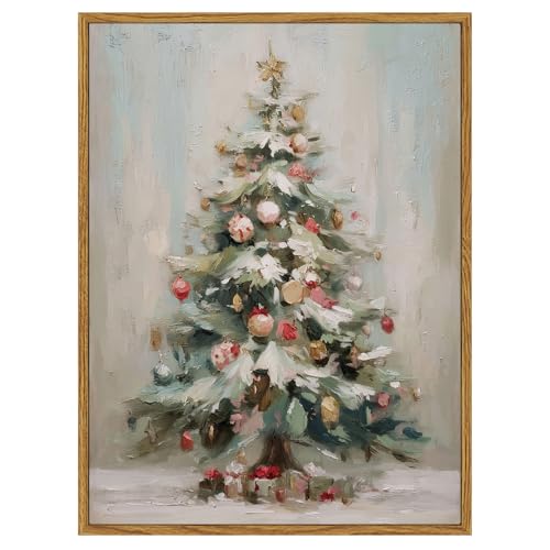 Merry Christmas Framed Canvas Wall Art 12x16 Inch Vintage Tree Print - ARPEOTCY, 16"x12"