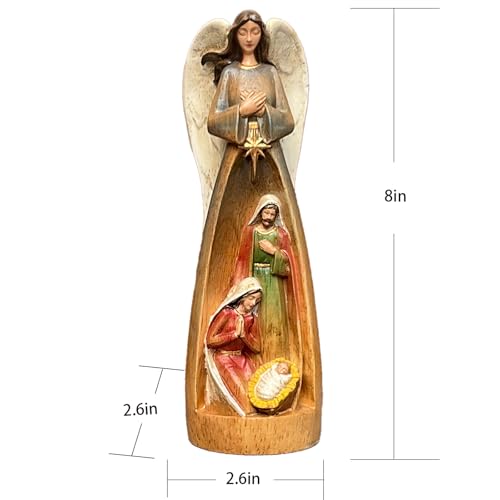 Hand-Painted Wooden Nativity Scene Figurine with Angel Table Decor