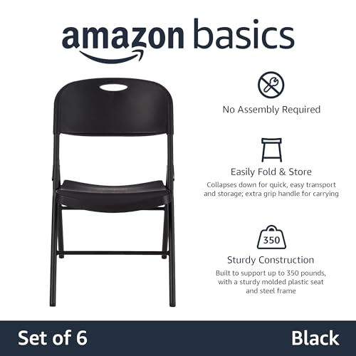 Heavy-Duty Foldable Plastic Chairs, 350lb Capacity, Black, 6-Pack
