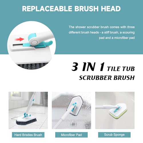 3-in-1 Shower Scrubber Brush with Adjustable Long Handle for Tub & Tile