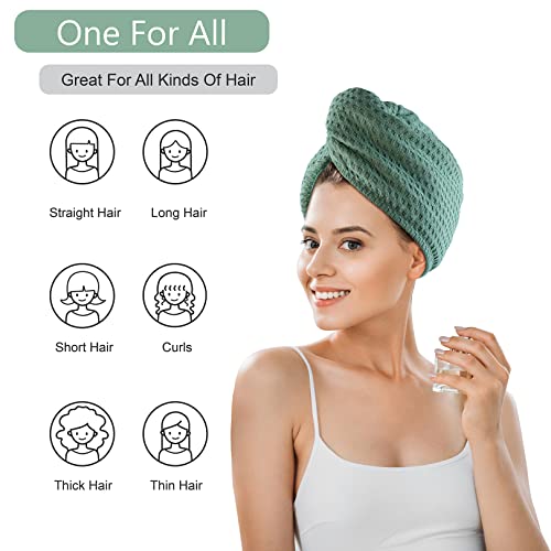 Dolwis Green Microfiber Hair Drying Towel Set - Waffle Long Hair Turban Wraps, 2 Pack
