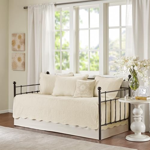 6-Piece Coastal Quilted Daybed Cover Set with Scalloped Edge - Cream, Twin