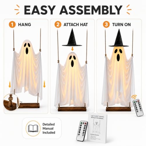 5 FT Lighted Hanging Halloween Ghost Decor with Remote & Detachable Hat