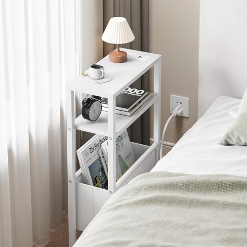 Narrow Side Table with Charging Station & Magazine Rack - 3-Tier Slim End Table