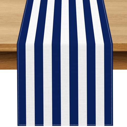 Navy Blue and White Striped Table Runner, 13" x 72" Nautical Dining Decor