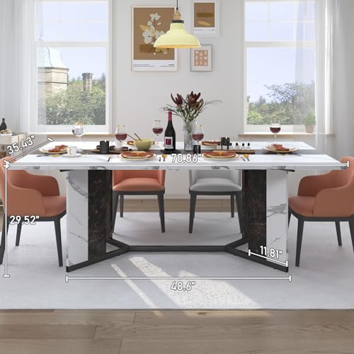 71-Inch Large Rectangular Dining Table, Modern Kitchen Table with Marble Look
