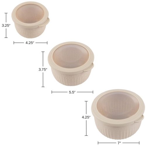 Set of 3 Bowls with Lids - Microwave, Freezer, and Fridge Safe Nesting Mixing Bowls - Eco-Conscious Kitchen Essentials by Classic Cuisine (Beige), S, M, L