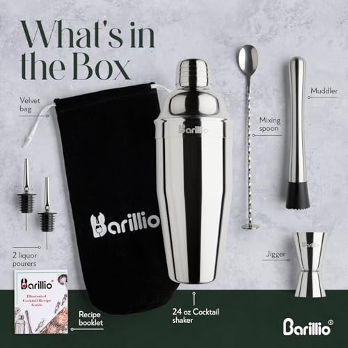 Barillio Silver 8-Piece Travel Cocktail Shaker Set with Bag, Muddler & Bar Tools