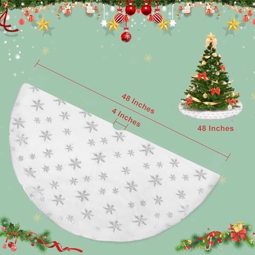 Sayrrame White & Silver 48 Inch Faux Fur Christmas Tree Skirt with Silver Sequin Snowflakes