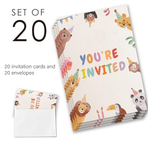 Cute Animal Birthday Invitations with Envelopes, 20-Pack Fill-In Cards