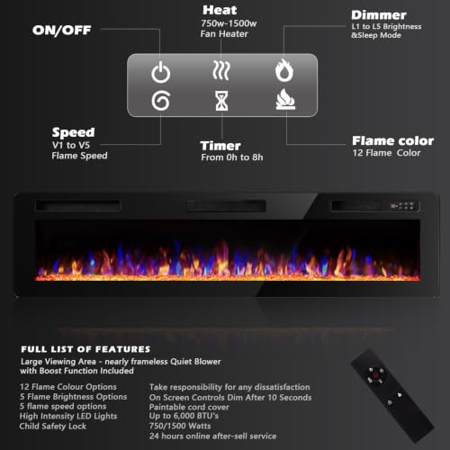 72-Inch Ultra-Thin Linear Electric Fireplace Recessed Wall Mounted Heater