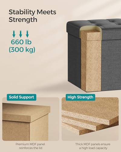 Foldable Storage Ottoman Cube - 15-Inch Tufted Footrest Stool, Dark Gray