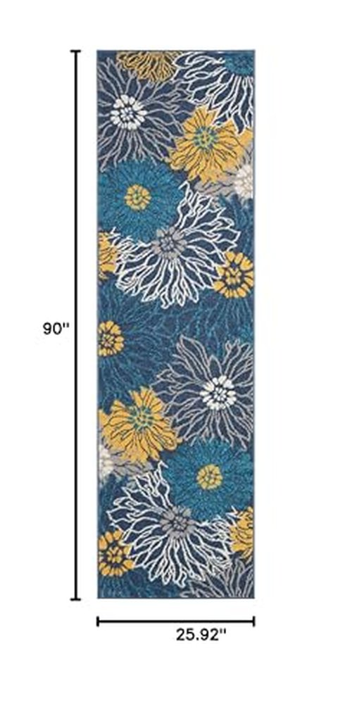 Nourison Passion Blue 2'2'' x 7'6'' Area-Rug, Floral, Farmhouse, Easy-Cleaning, Non Shedding, Bed Room, Living Room, Dining Room, Kitchen, (8' Runner)