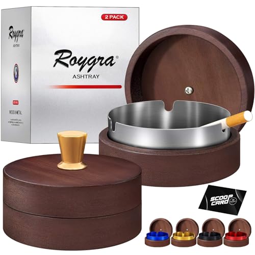 Metal Ashtray with Lid - 2 Pack Windproof Outdoor Smokeless Ashtray