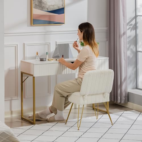 Faux Fur Vanity Chair with Hidden Storage & Folding Backrest - White