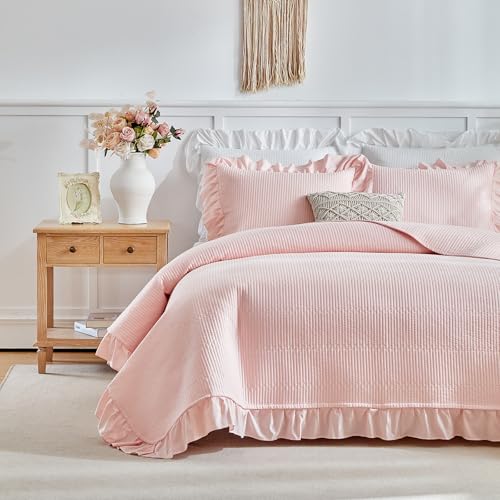 Pink Ruffled Quilt Set, Twin Size Lightweight Farmhouse Bedspread with Sham