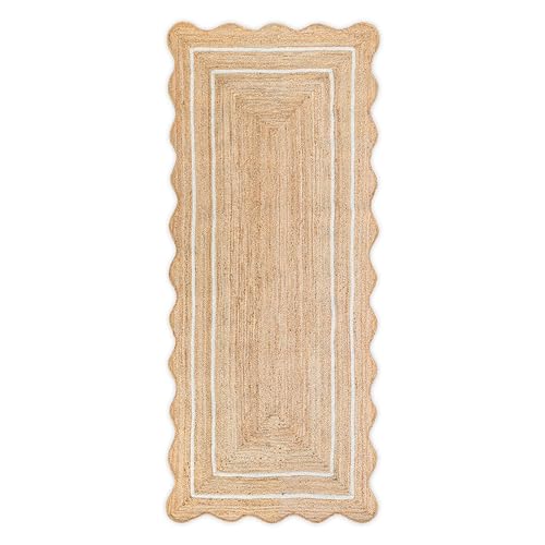 2'x6' Scalloped Jute Runner Rug, Handmade Natural Boho Hallway Carpet