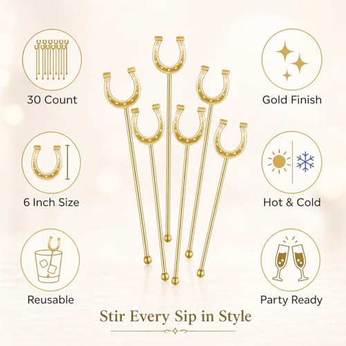 Gold Horseshoe Drink Stirrers 6 Inch Plastic, 30 Pcs - Horse Racing Party Supplies