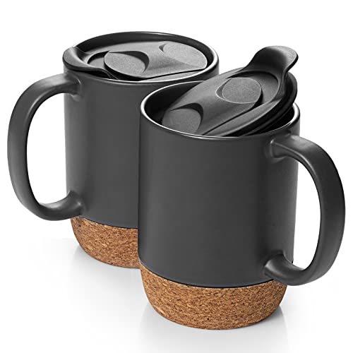 DOWAN Matte Grey 15 oz Coffee Mug Set of 2 with Cork Bottom & Spill-Proof Lid