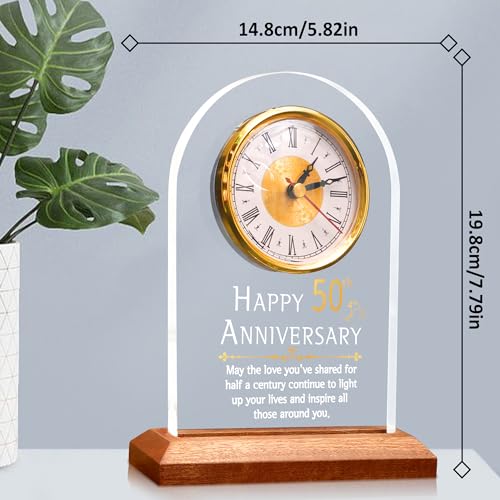 50th Wedding Anniversary Desk Clock with LED Light and Wooden Base