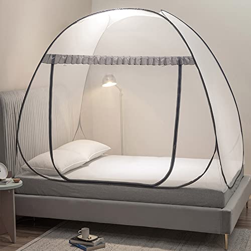 Pop-Up Mosquito Net Bed Tent - Fully Enclosed Canopy (Full/Queen, Gray)
