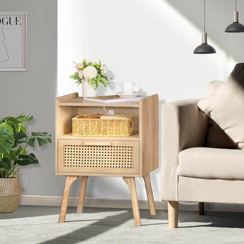 Rattan Nightstand with Charging Station, Boho Side Table with Drawer