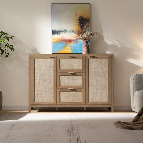 52-Inch Rattan Sideboard Buffet Cabinet with 3 Drawers, Boho Credenza