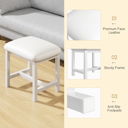 White Vanity Stool with Faux Leather Seat, 18-Inch Backless Makeup Chair