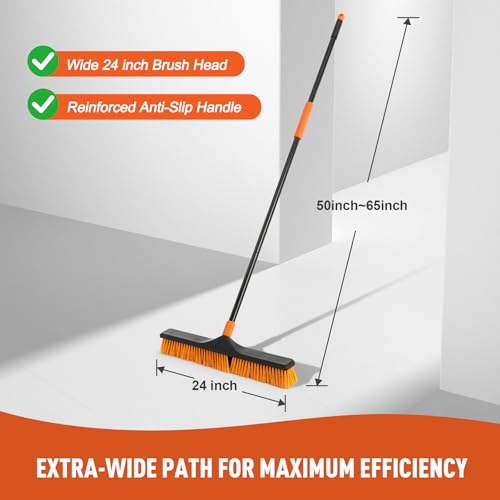 24" Heavy-Duty Outdoor Push Broom - 65" Adjustable Handle & Stiff Bristles