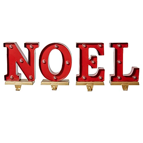 Red Noel Christmas Stocking Holders Set of 4 - Decorative Metal & Wooden Hangers for Fireplace Mantel