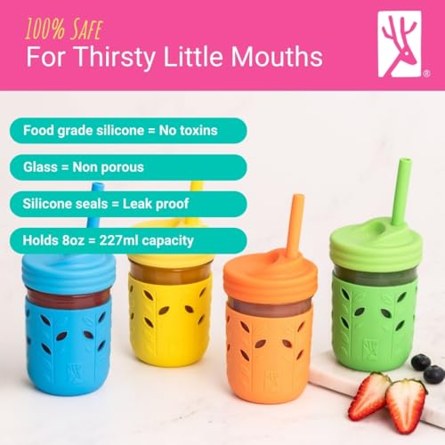 Kids Glass Mason Jar Cups with Silicone Sleeves and Straws, 4 Pack, 8oz