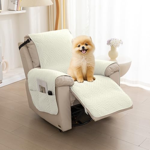 Waterproof Non-Slip Recliner Chair Cover - Quilted Protector with Pocket (Off White, 23")