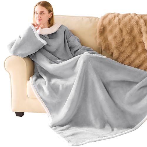 Oversized Sherpa Wearable Blanket with Sleeves, Grey Flannel Snuggle Robe