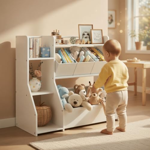 Kids Toy Storage Organizer with 3-Tier Bookshelf and Removable Bins