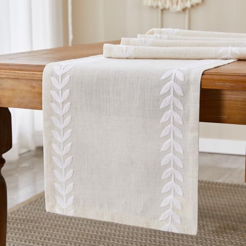 Wracra Embroidered Table Runner 14x36 Inch White/Cream Linen & Polyester