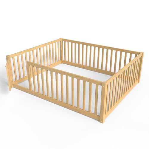Full Size Montessori Floor Bed Frame with Door and High Guardrail